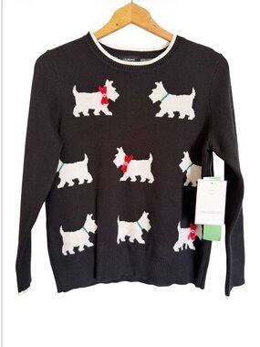 Anthropologie Calligraphie Scottish Terrier Black Knit Sweater size PM